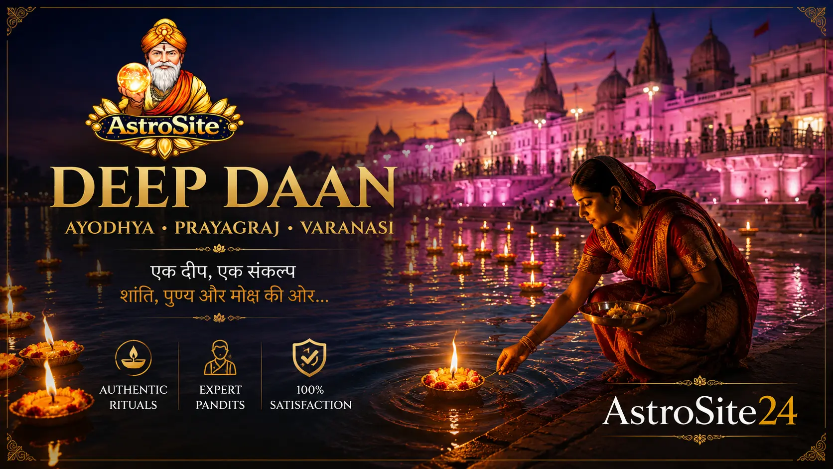 Devotee performing Deep Daan on the holy Saryu River in Ayodhya